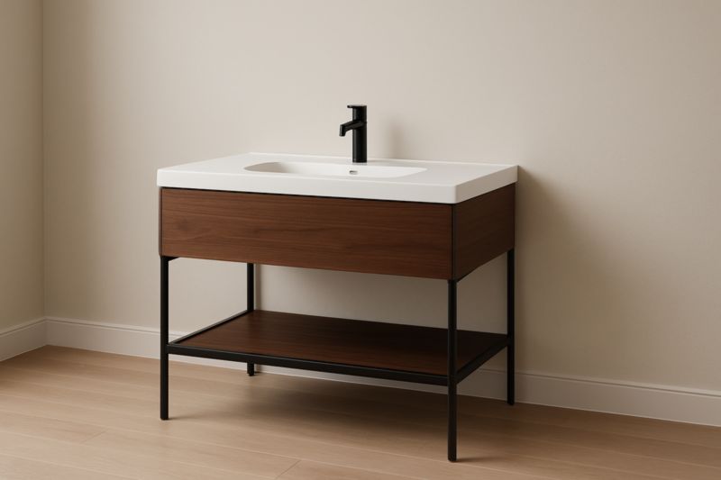 Mobile bagno con lavandino ceramico bianco e struttura in legno e metallo