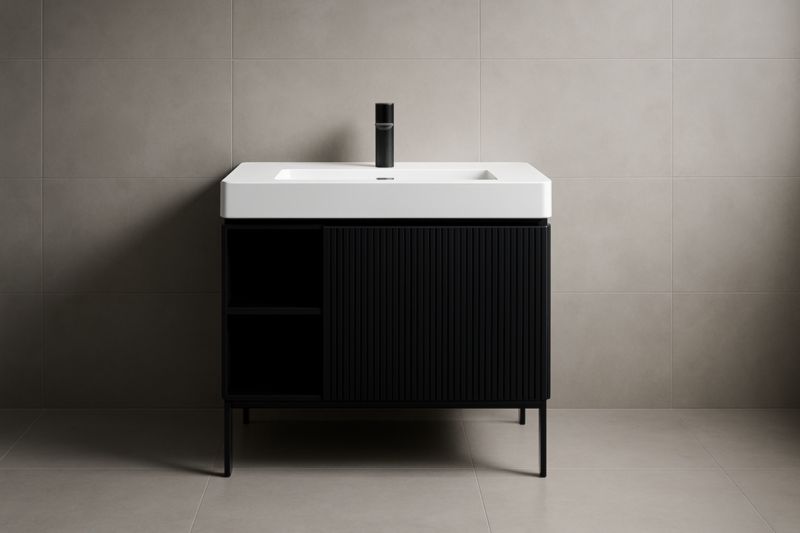 Mobile bagno in MDF e metallo con lavabo in ceramica bianca