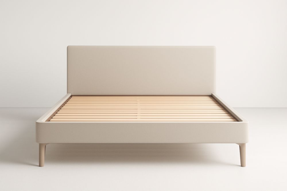 Letto matrimoniale beige in tessuto poliestere con struttura in legno