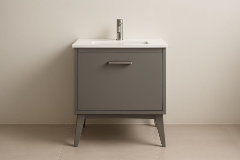 Mobile bagno singolo in legno massello di rovere grigio con piano in ceramica