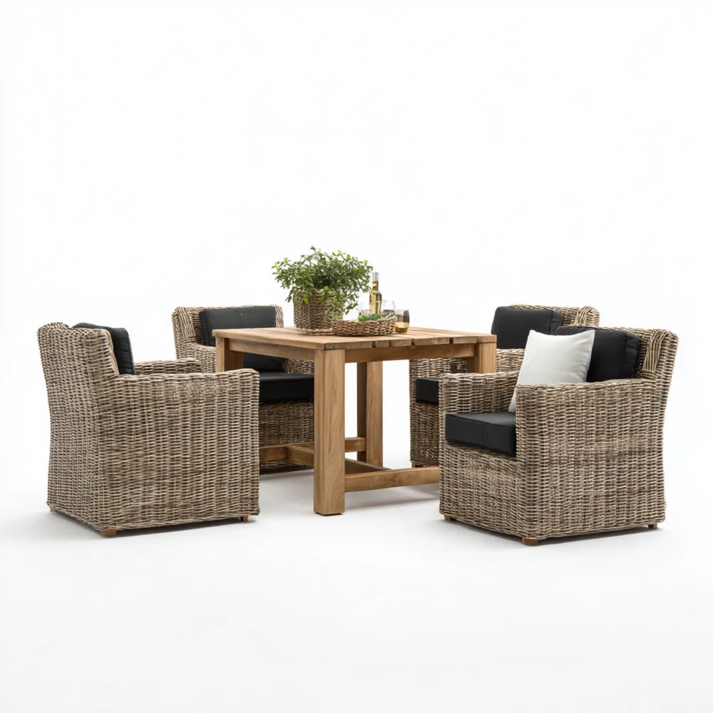 Set Tavolo e Sedie da Giardino in Rattan 150x90x85 cm - Grigio/Naturale - Design Rustico