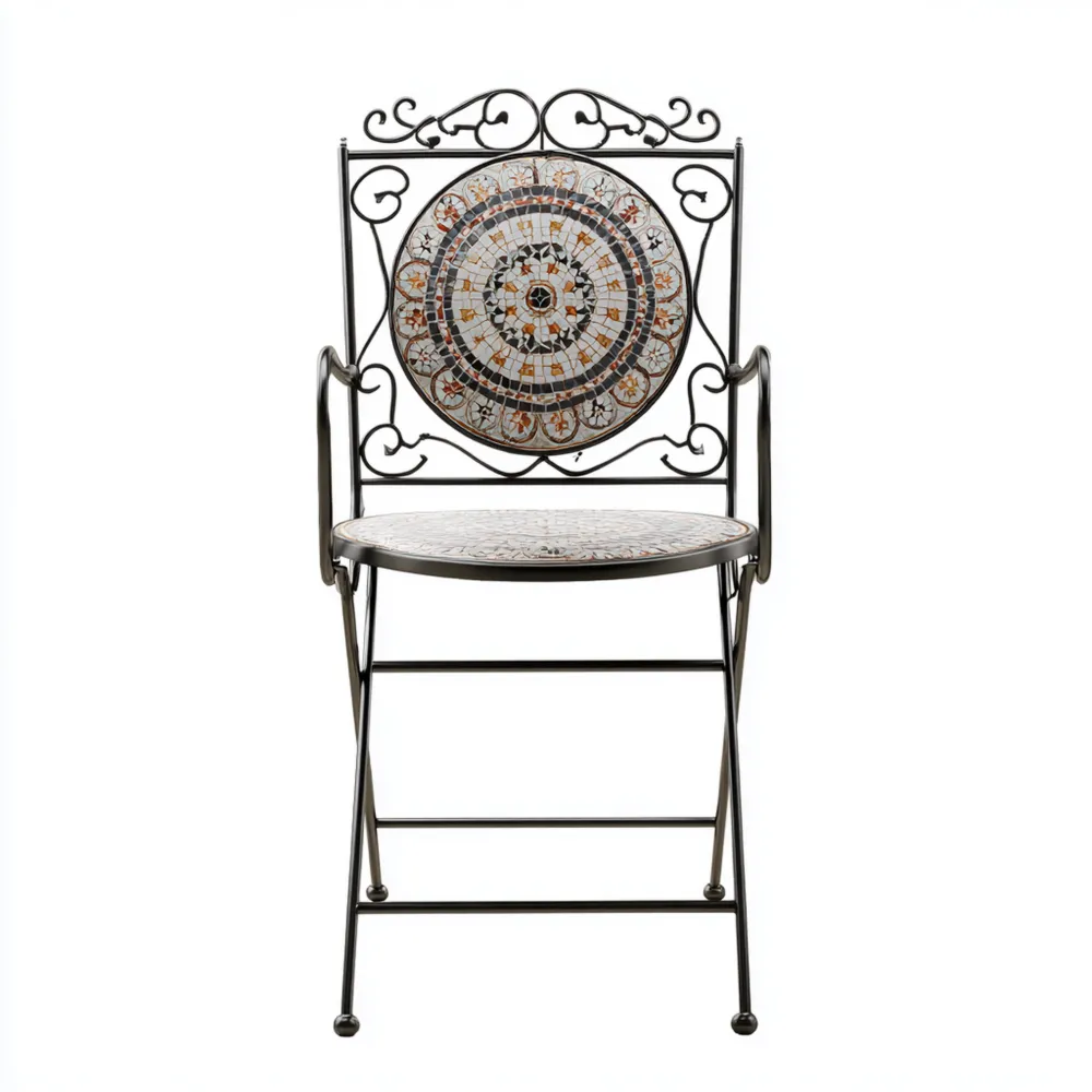 Sedia da pranzo in ferro battuto 45x45x95 cm con mosaico decorativo – Bianco/Nero – Design classico