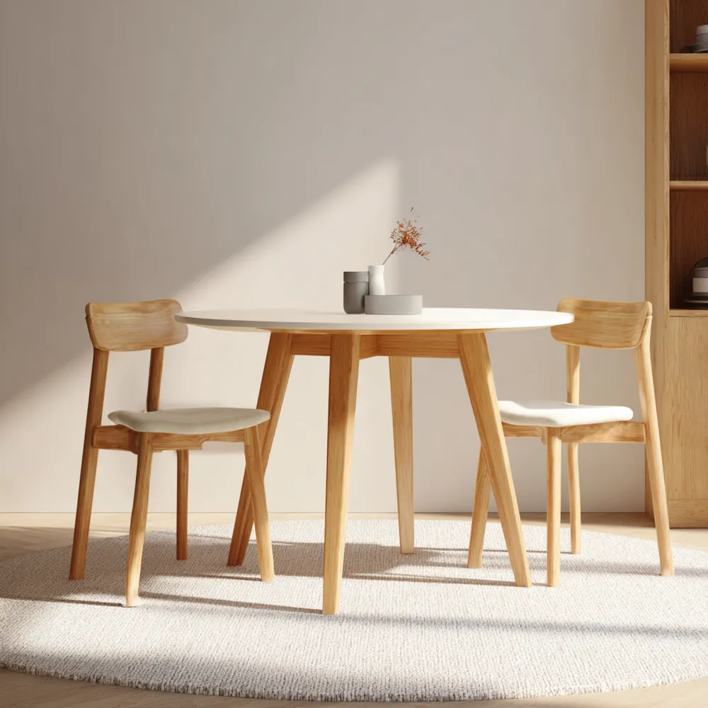 Set tavolo e sedie in legno massello 120x75x85 cm – Bianco/Naturale – Design Minimalista