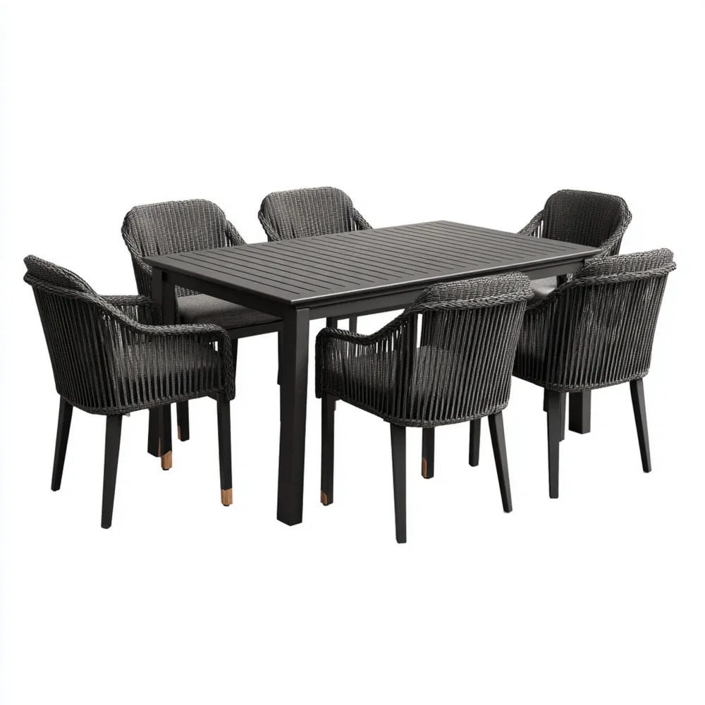 Set tavolo 180x90x75 cm e sedie da giardino in alluminio e corda – Nero – design contemporaneo