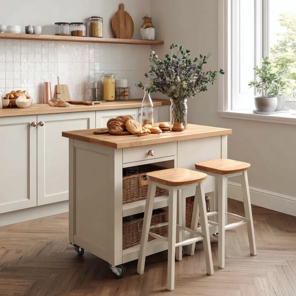 Isola da cucina con sgabelli in legno – 120x60x90 cm – Stile rustico