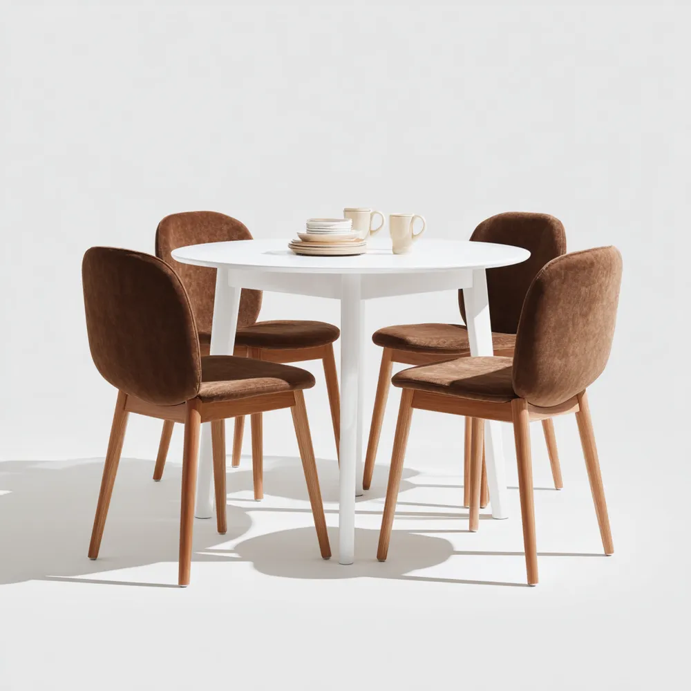 Set tavolo da pranzo rotondo 100x100x75 cm con sedie – Bianco/Marrone – Design Moderno