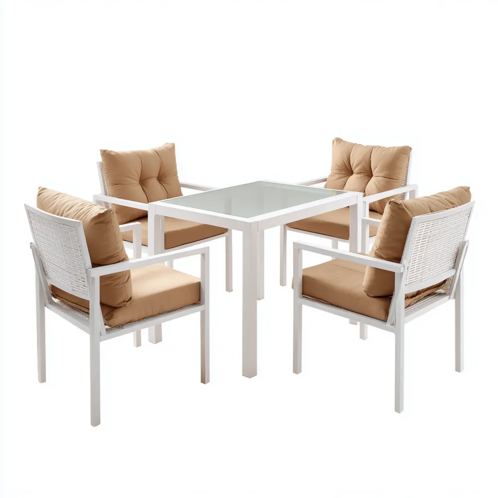 Set tavolo e sedie da giardino in metallo e vetro 90x90x75 cm - Bianco/Beige - Design moderno