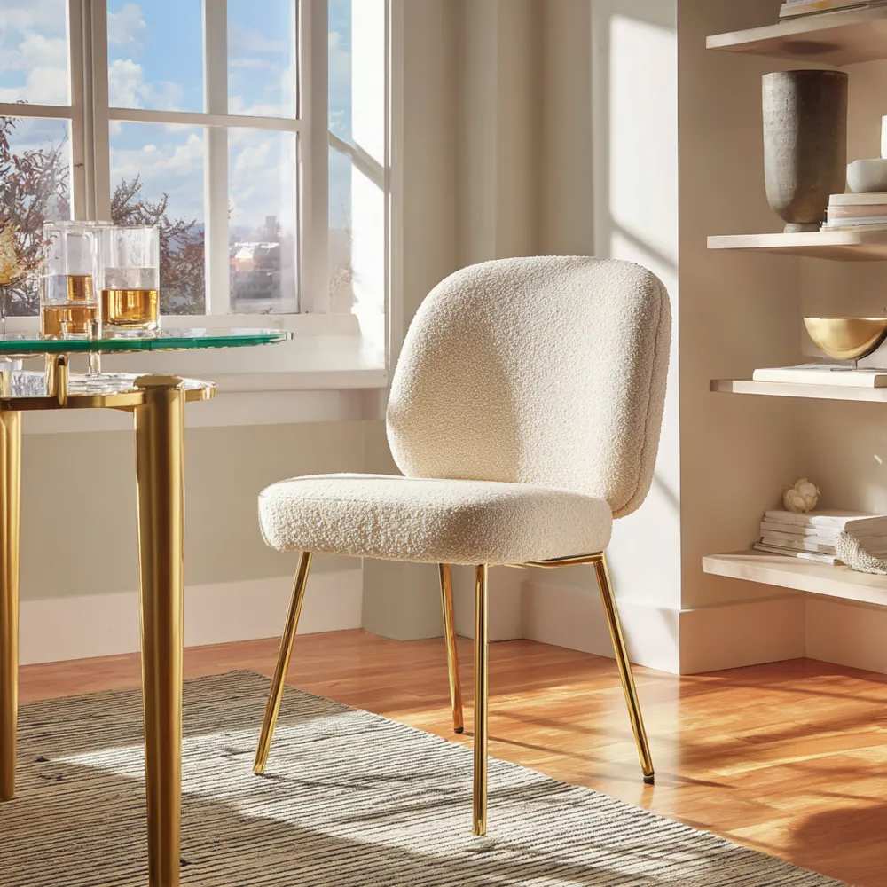 Sedia da pranzo imbottita 50x55x85 cm in tessuto bouclé Crema - Gambe in metallo Dorato