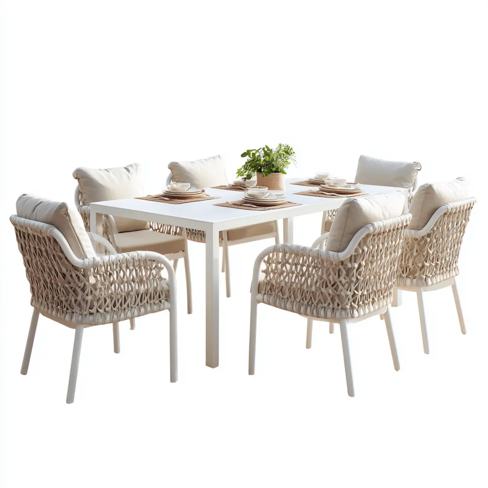 Set tavolo e sedie da giardino in alluminio 150x90x75 cm - Bianco/Beige - Design moderno