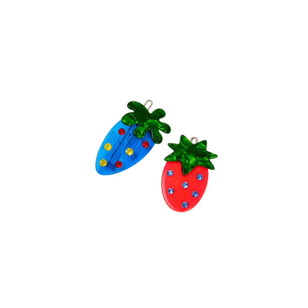 Bowsatelier Unique Strawbs Clips Set  in blue & red- cute hair claw with distinctive pattern. good for thick curly fine hair