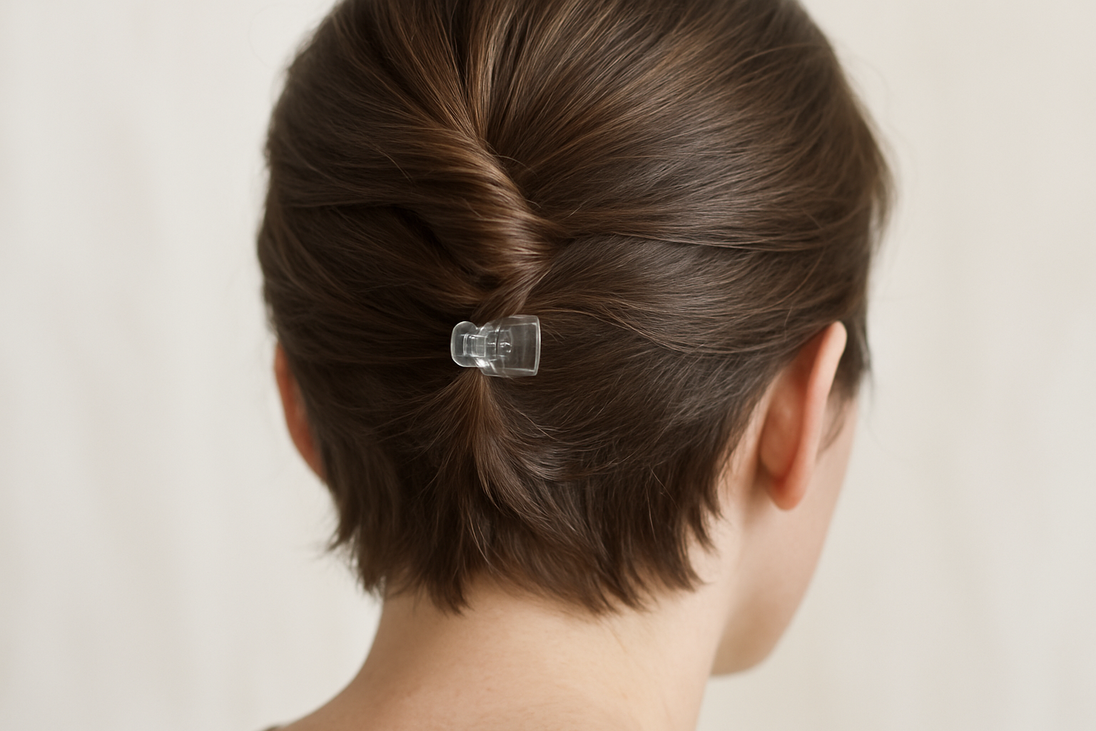 Short hair in top twist held by tiny translucent clip