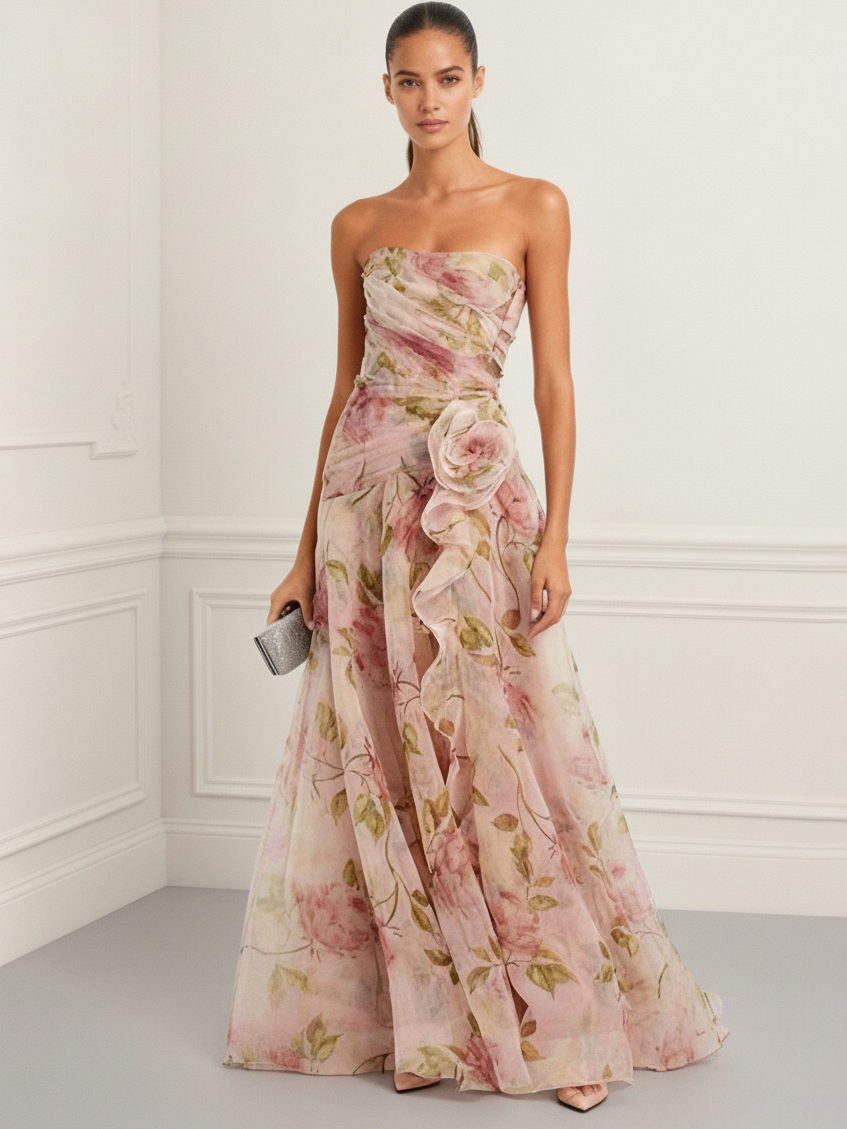 Pink Floral 3D Floral Tulle Strapless Sleeveless A-Line Floor-length Gown Dress