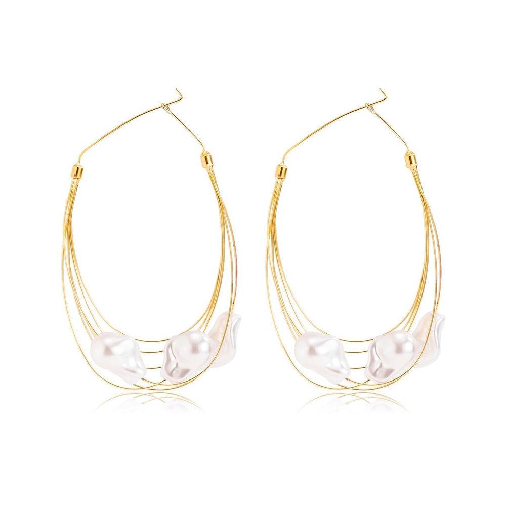 GORGEOUS GIANT BAROQUE PEARL GOLD HOOP EARRINGS featuring a clean chic design and modern white color ,perfect for dailylife/party/office/casual occasion. Styled against a white background.