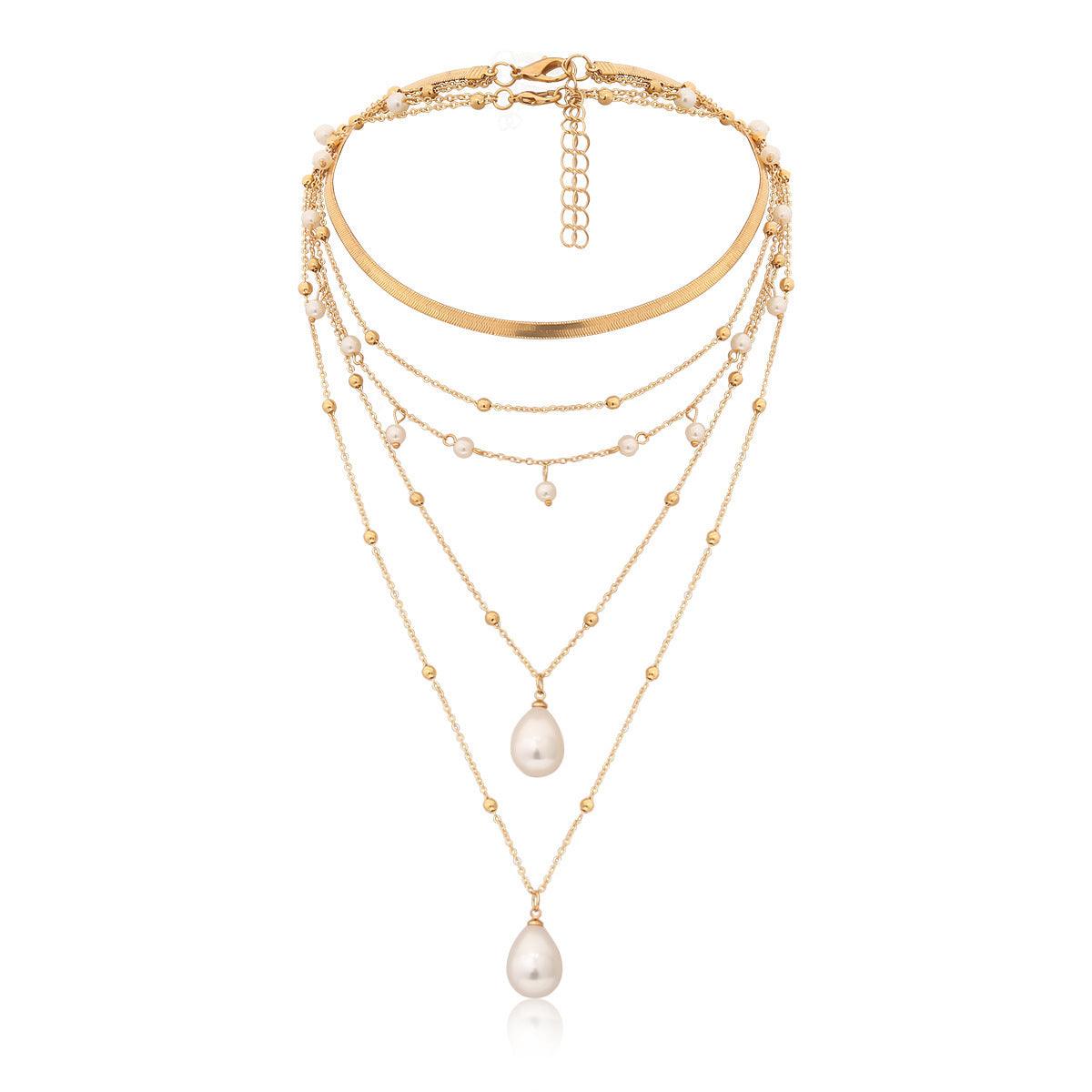 MULTI LAYER WATER DROP PEARL PENDANT WEDDING NECKLACE featuring a clean chic design and modern nature gold and pearl color ,perfect for dailylife/party/office/casual occasion. Styled against a white background.
