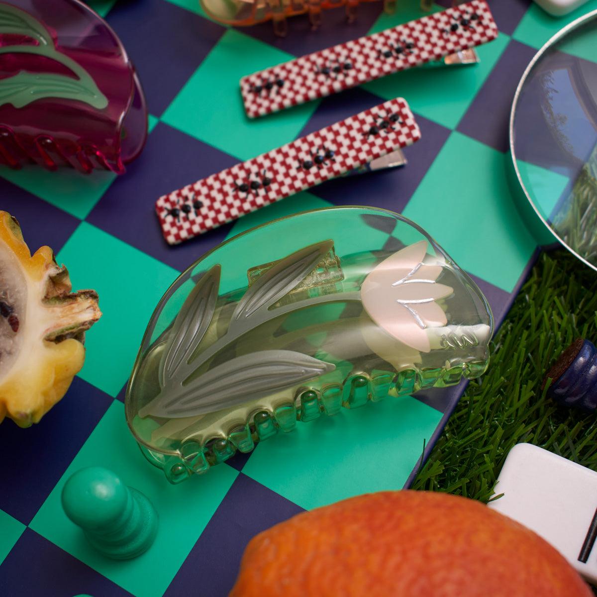 Green White Lotus Flower  bio-acetate winona irene big sale designer tortoise shell hair claw clip durable  pink butterfly flat online wholesale hair pin hair accessories french barrettes for thick hair styles women.