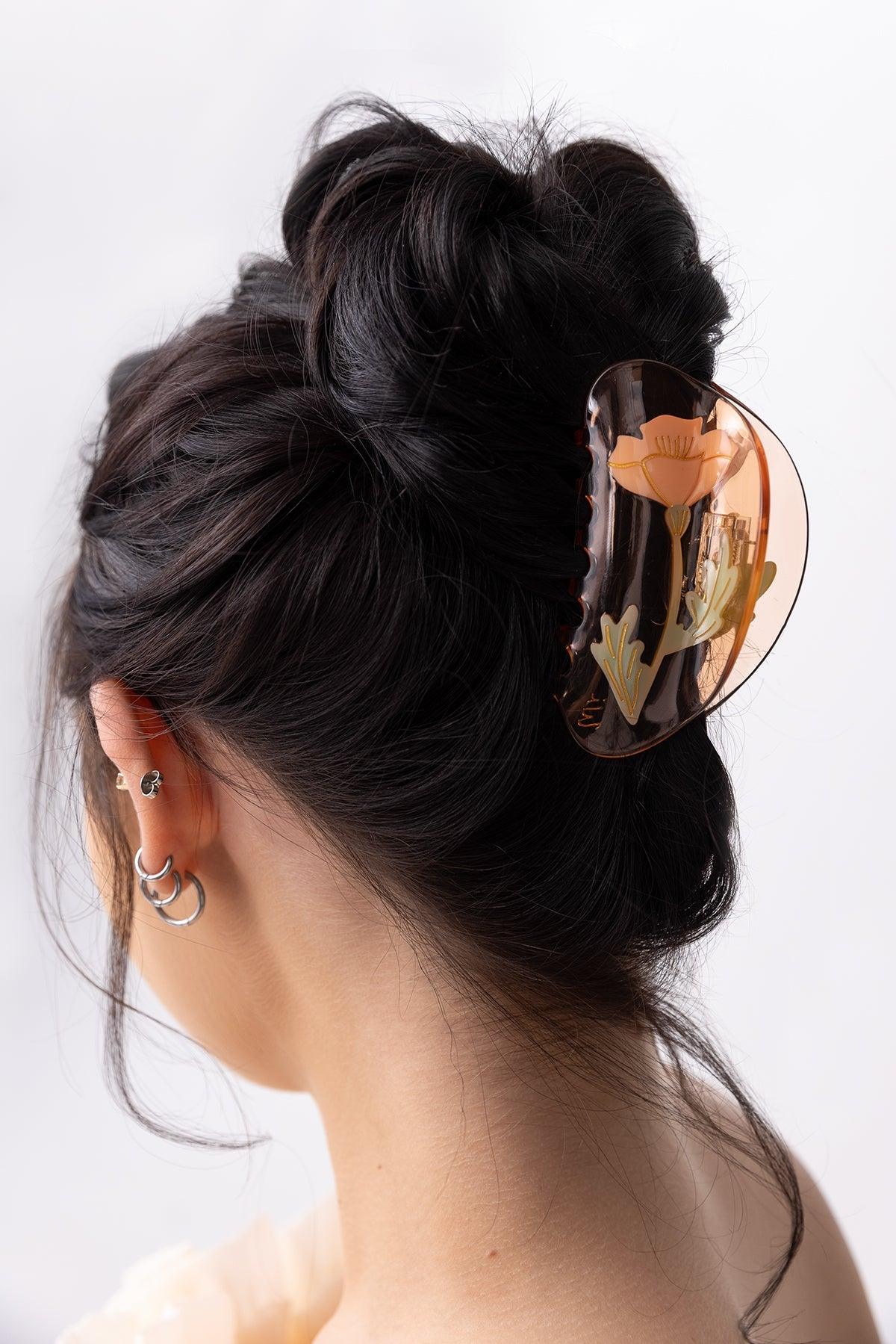 California Poppy Flower Jennie inspired cute bio-acetate winona irene big sale tortoise shell hair claw clip cute hair styles flat online wholesale hair pin hair accessories french barrettes for thick hair styles women.