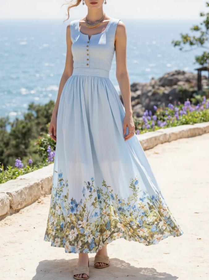 Sleeveless Sweetheart Neckline Floral Vintage Blue Linen Dress (S-XXL)