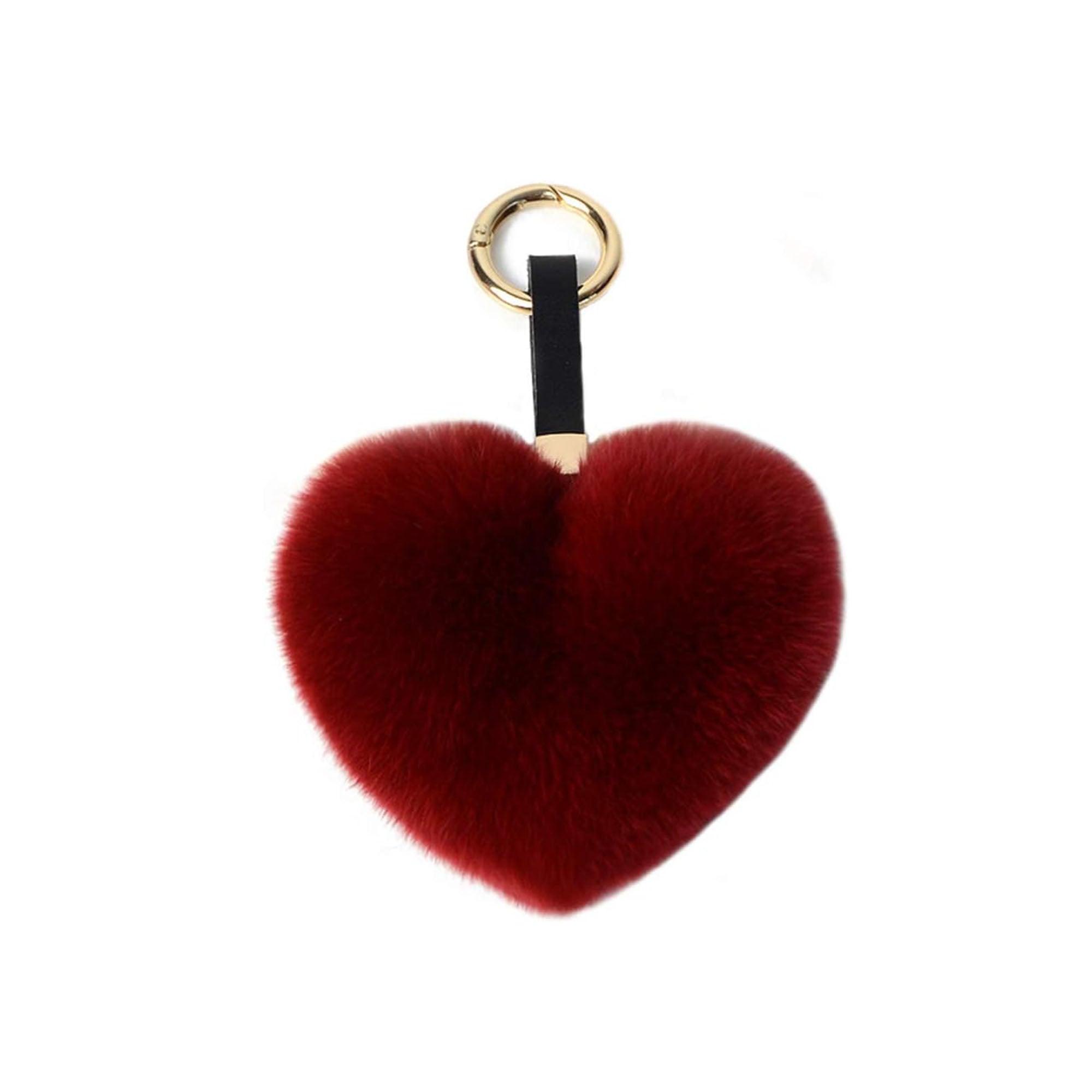 Genuine Rex Rabbit Hair Fur Pompom Keychain Heart Shaped Bag Charm Ring Fluffy Fur Ball featuring a clean chic design and soft classic color ,perfect for daily /party/casual/office bagcharm/chain charm decoration . Styled against a white background.
