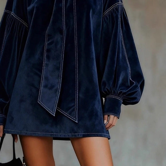 Vintage Solid Color Velvet Bow Tie Lantern Sleeve Loose Mini Dress