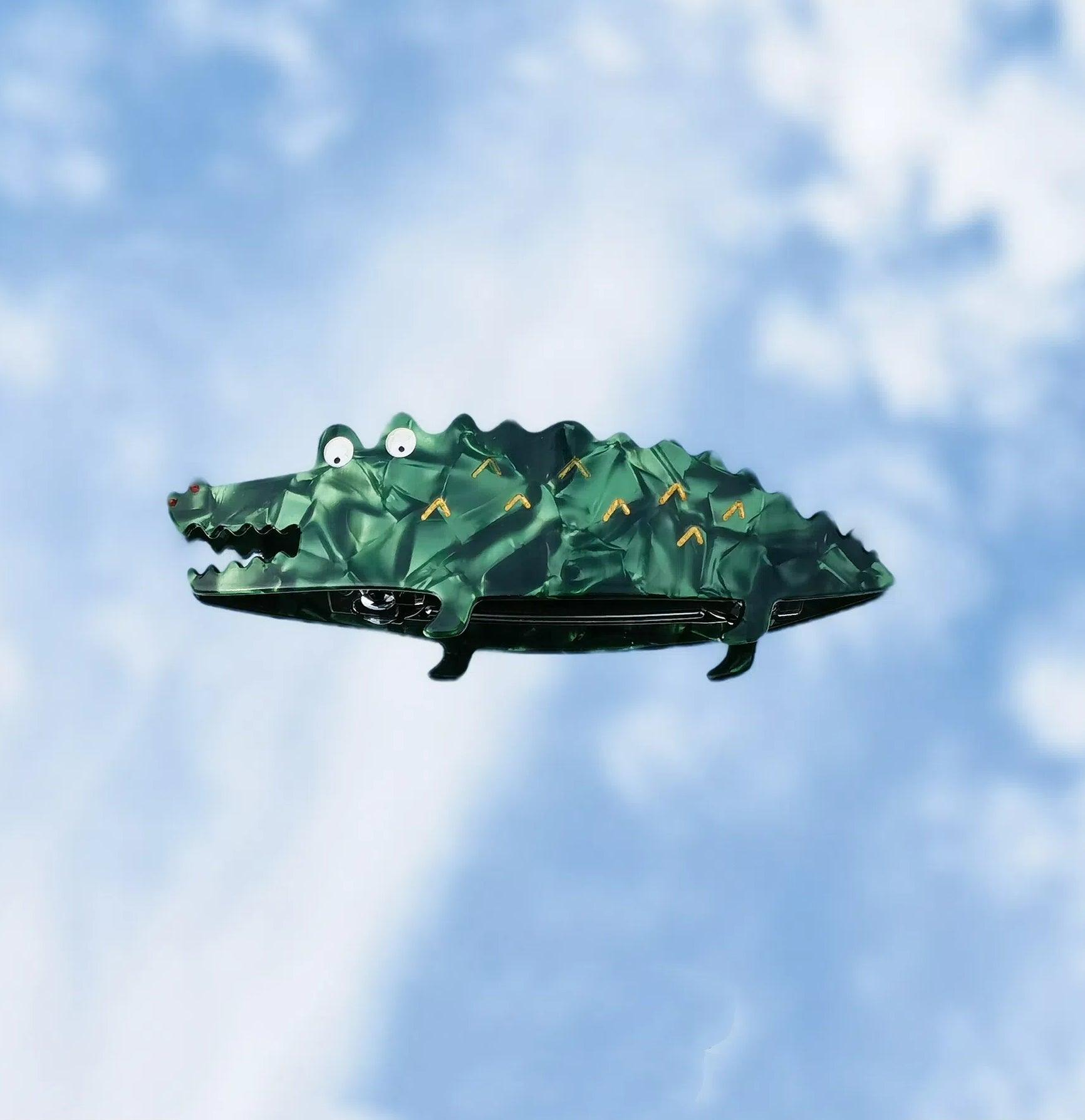 Bowsatelier Unique Green pink Alligator Barrette- cute classic hair claw with distinctive pattern. good for thick curly fine hair