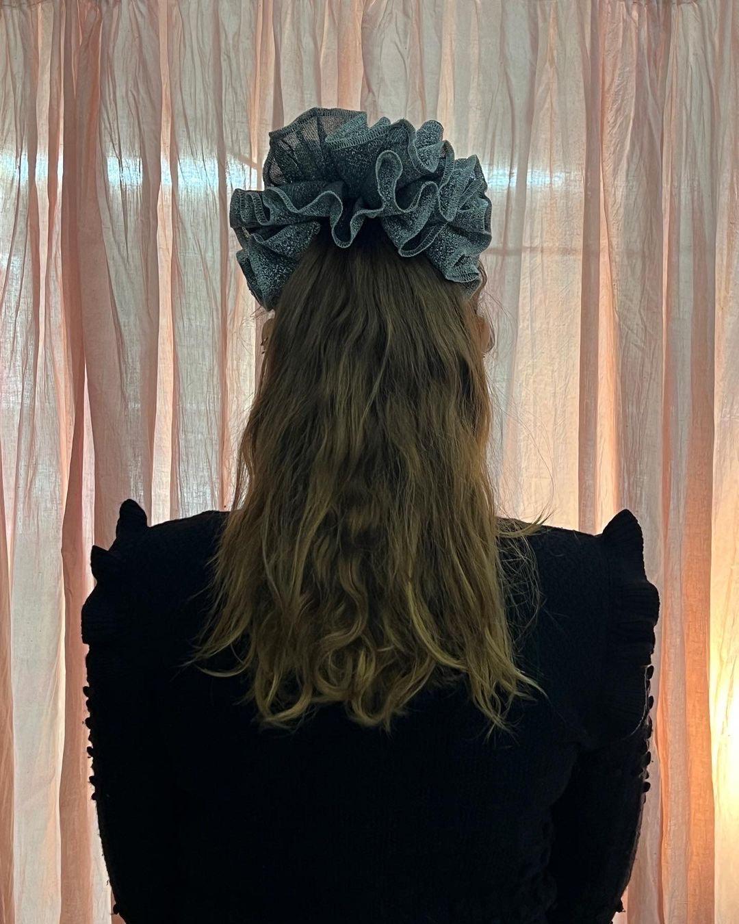 Bowsatelier Sweet Dreams Scrunchie in Silver Brat  and gold stylish for thick curly good shining hair 