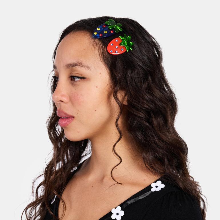 Bowsatelier Unique Strawbs Clips Set  in blue & red- cute hair claw with distinctive pattern. good for thick curly fine hair