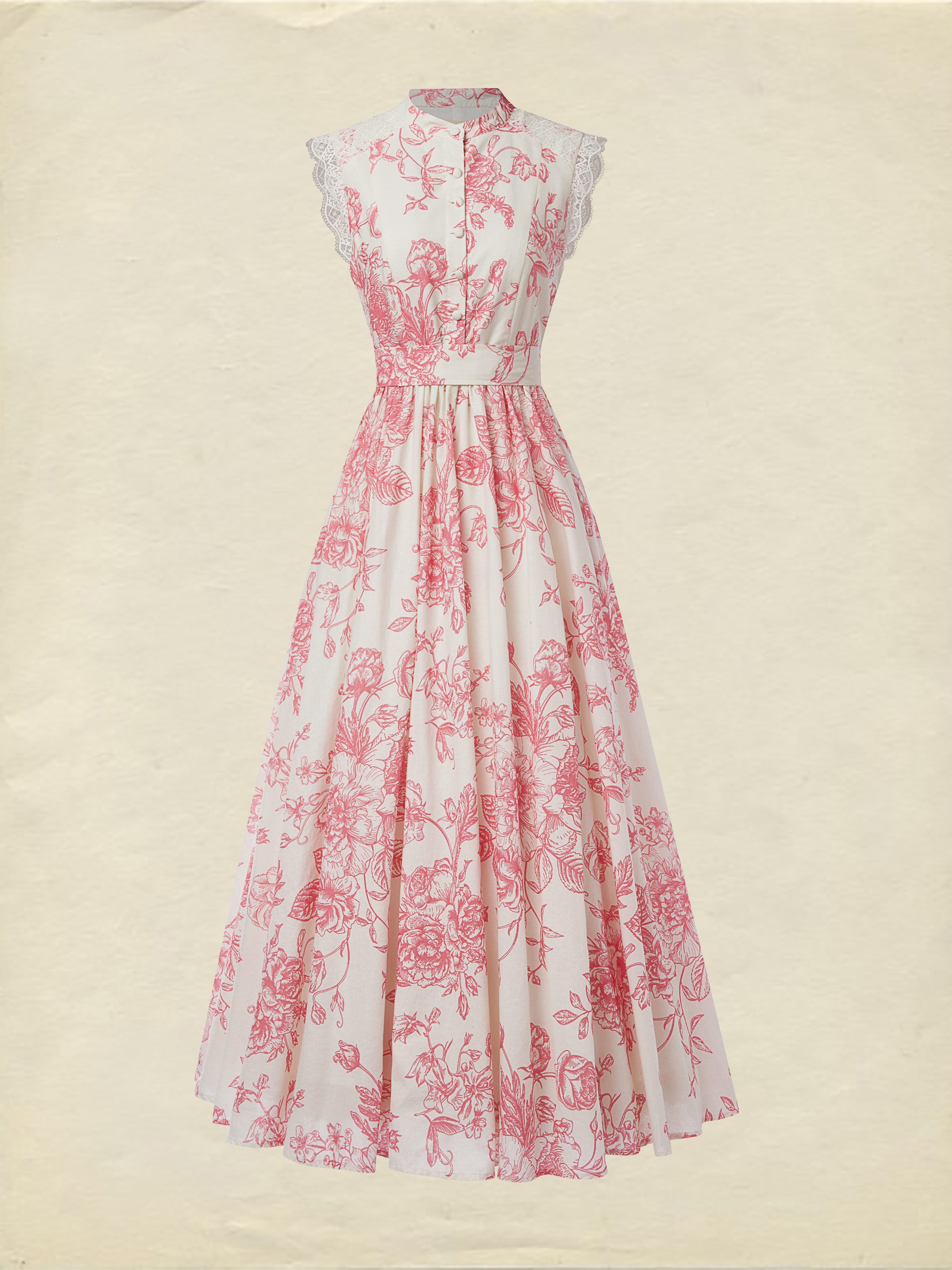 (S-XXL) Cap Sleeves Stand Collar Floral Lace Vintage Maxi Linen Dress 