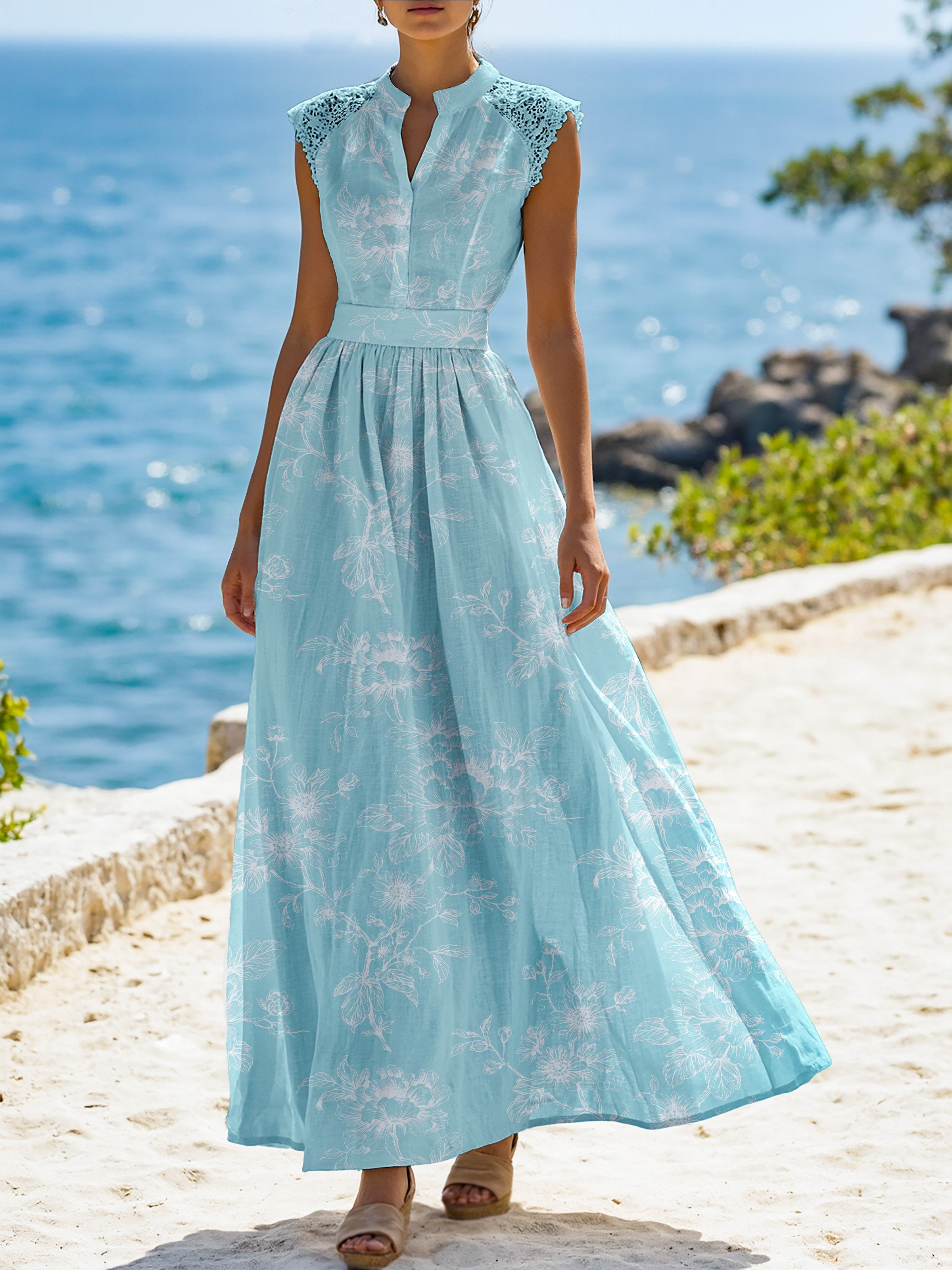 (S-XXL) Cap Sleeves Stand Collar Floral Lace Vintage Maxi Linen Dress 