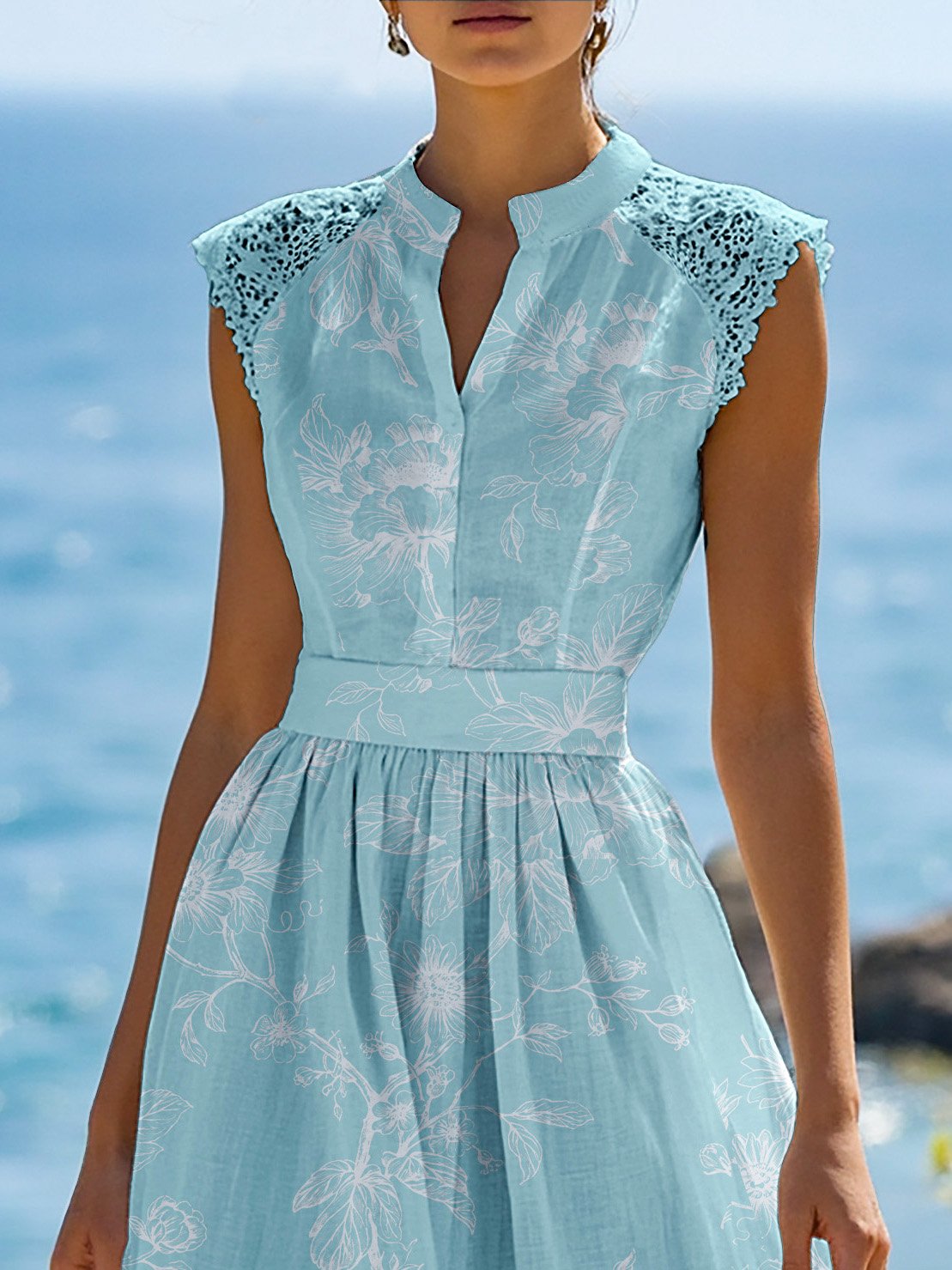 (S-XXL) Cap Sleeves Stand Collar Floral Lace Vintage Maxi Linen Dress 