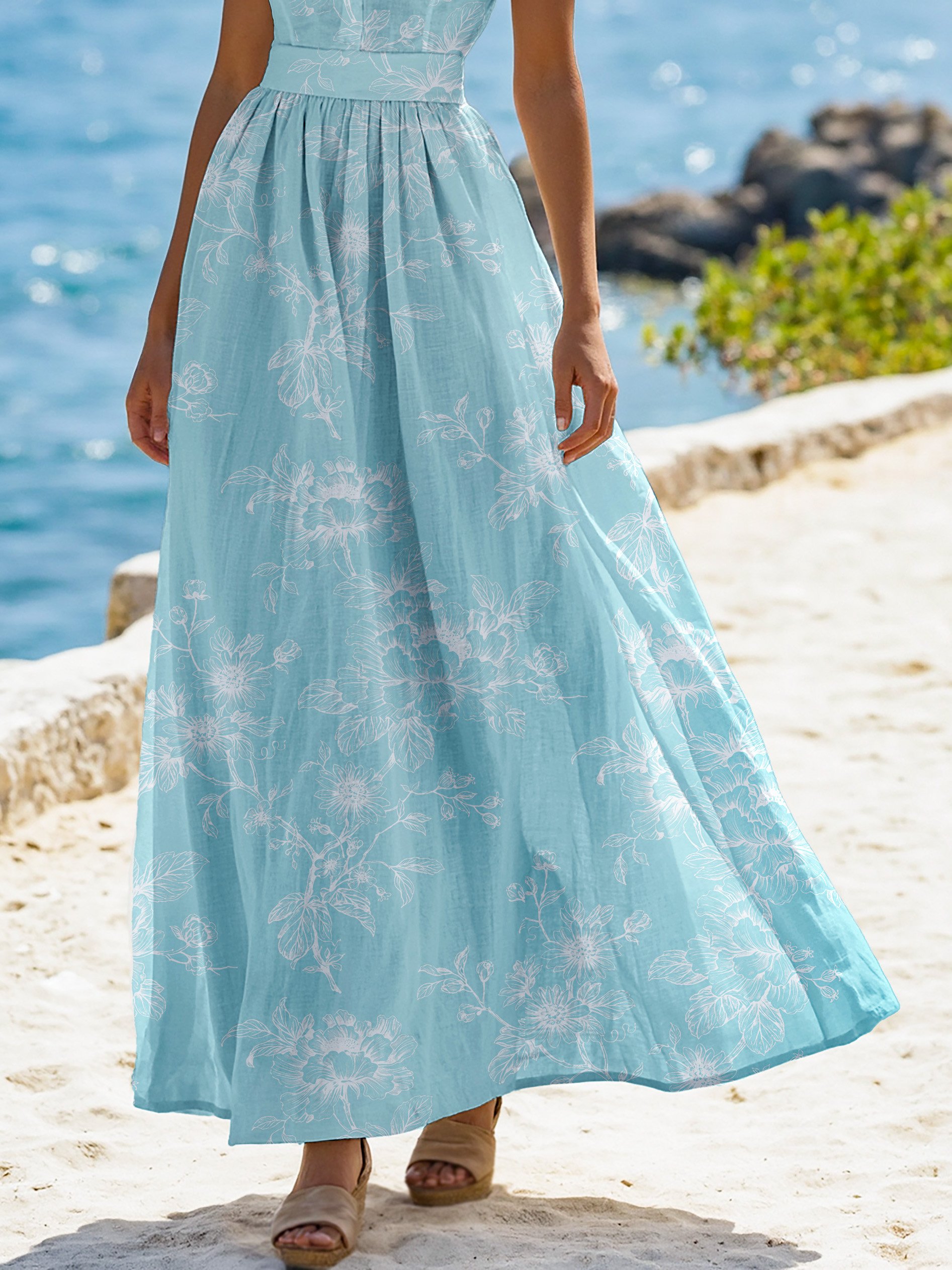 (S-XXL) Cap Sleeves Stand Collar Floral Lace Vintage Maxi Linen Dress 