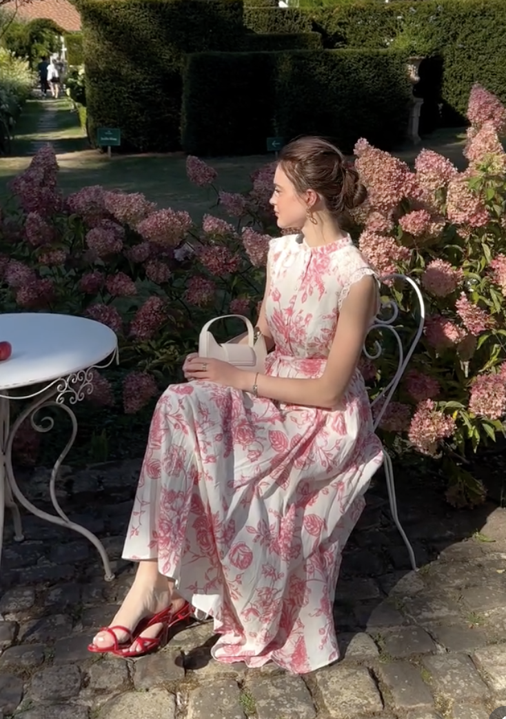 (S-XXL) Cap Sleeves Stand Collar Floral Lace Vintage Maxi Linen Dress 