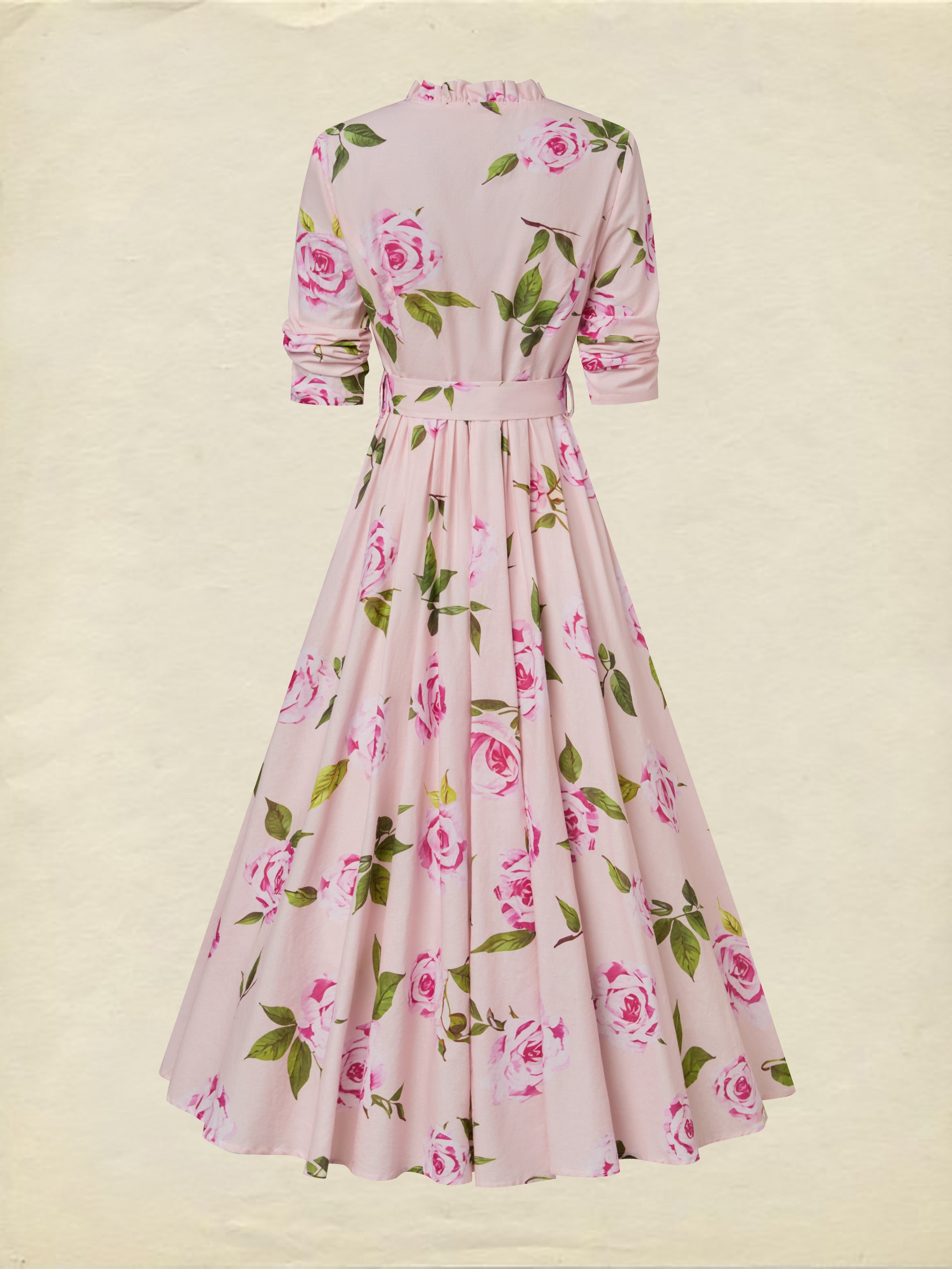 Long Sleeves V Neck Floral Belt Design Vacation Light Pink Vintage Midi Linen Dress (S-XXL)