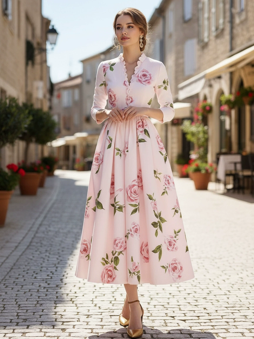 Long Sleeves V Neck Floral Belt Design Vacation Light Pink Vintage Midi Linen Dress (S-XXL)
