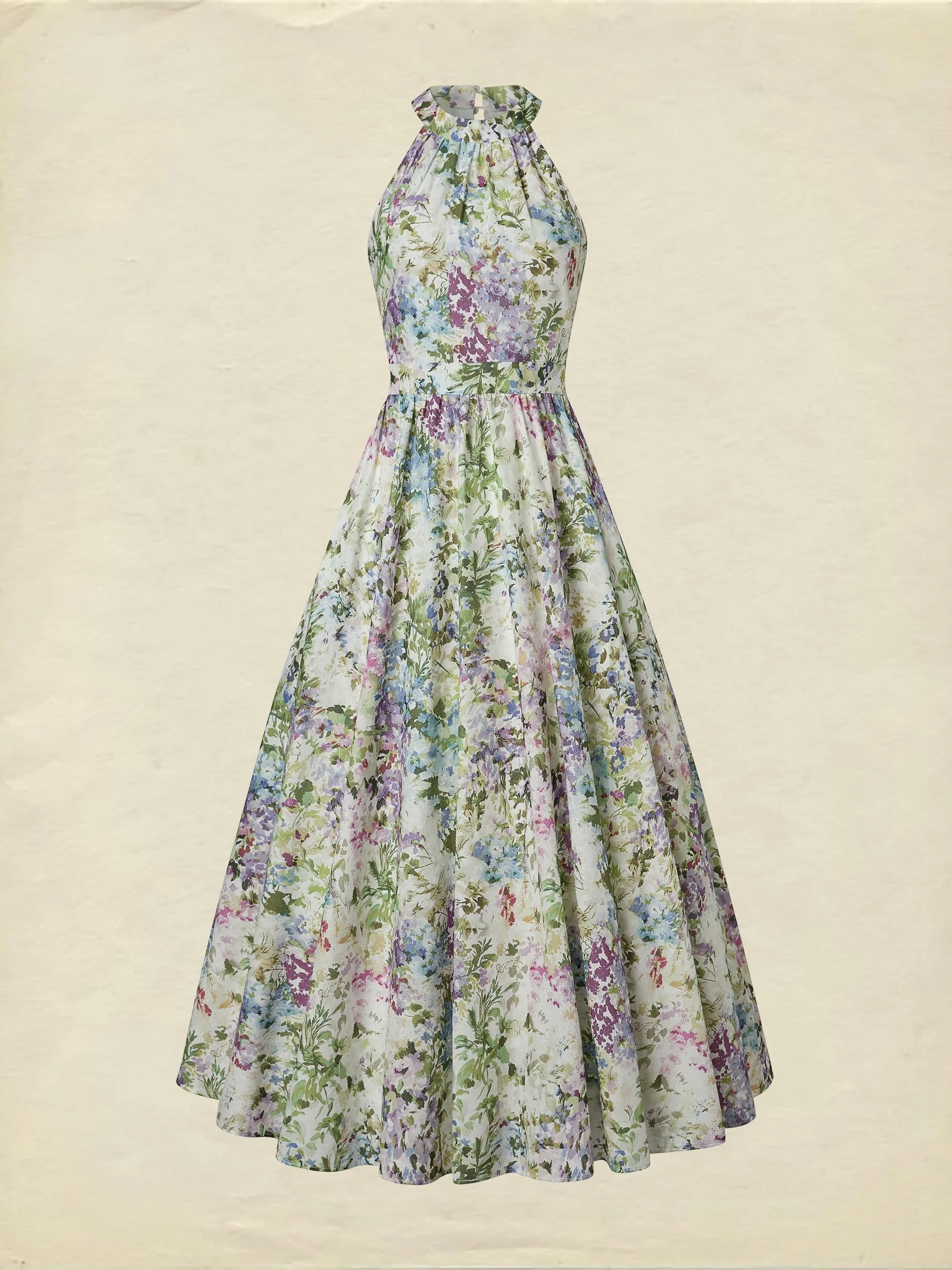 Maxi Cotton Dress, Sleeveless, Halter, Floral, Vacation, Vintage, White