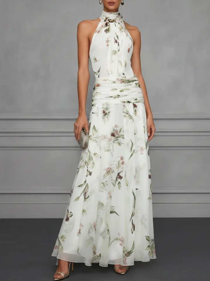 White Ruched Floral Chiffon Halter Sleeveless A-Line Maxi Dress