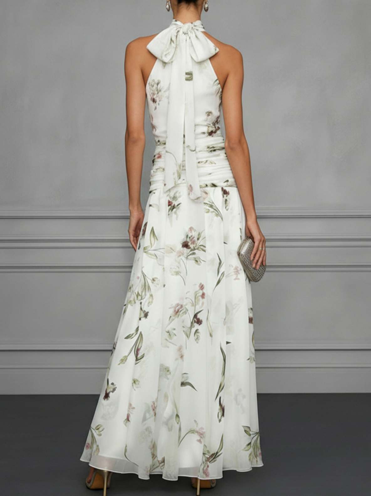 White Ruched Floral Chiffon Halter Sleeveless A-Line Maxi Dress