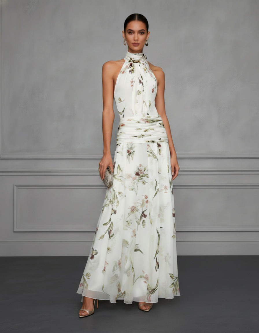 White Ruched Floral Chiffon Halter Sleeveless A-Line Maxi Dress