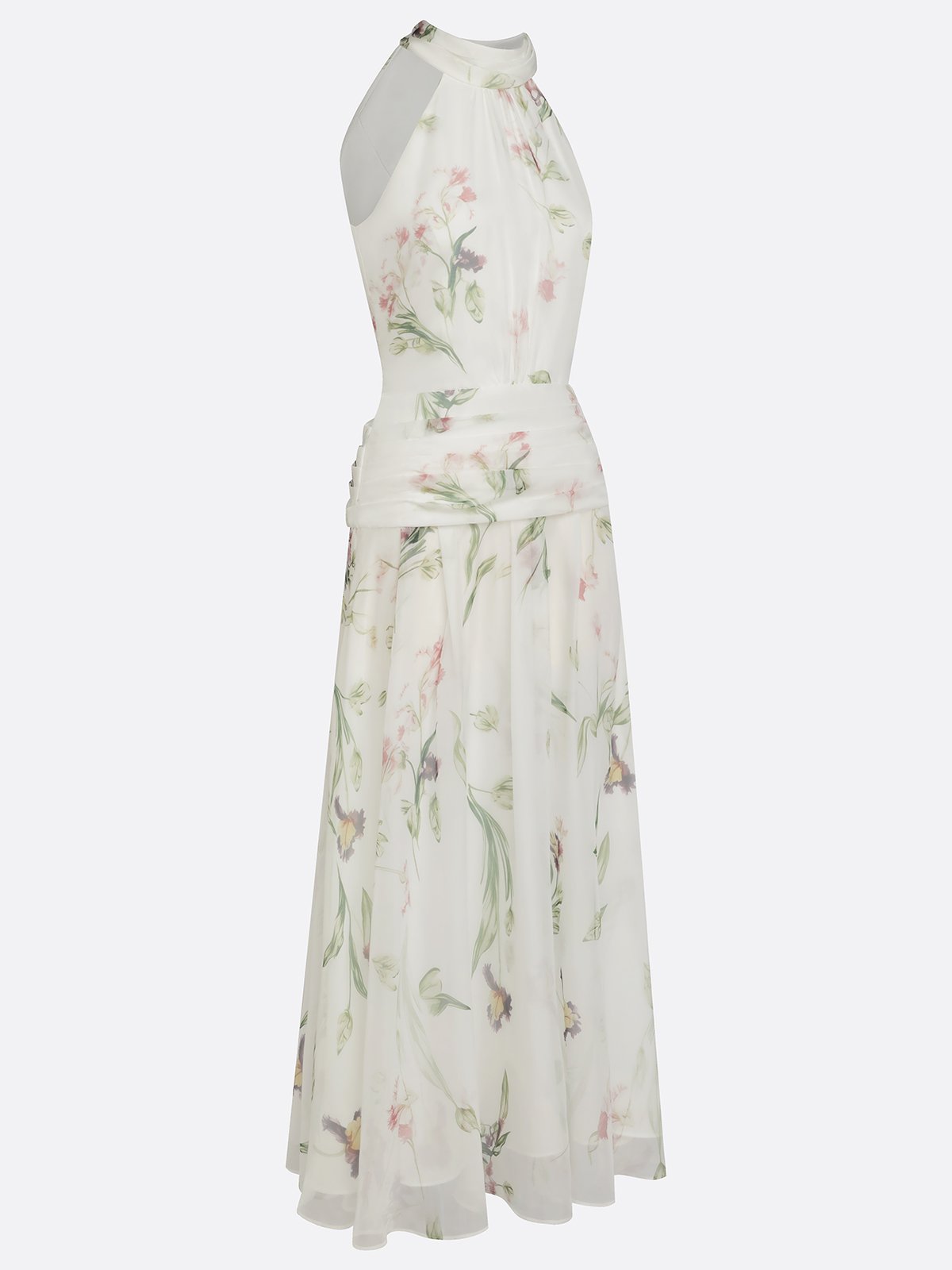 White Ruched Floral Chiffon Halter Sleeveless A-Line Maxi Dress