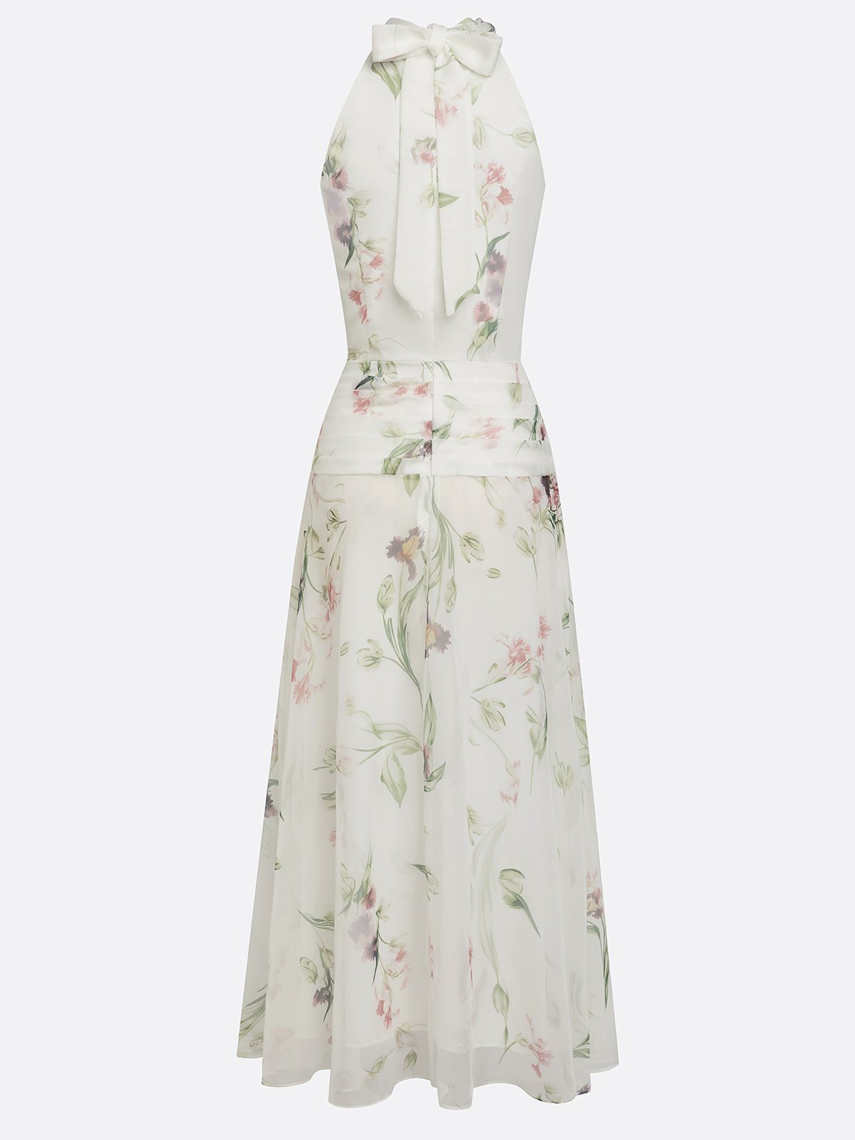 White Ruched Floral Chiffon Halter Sleeveless A-Line Maxi Dress