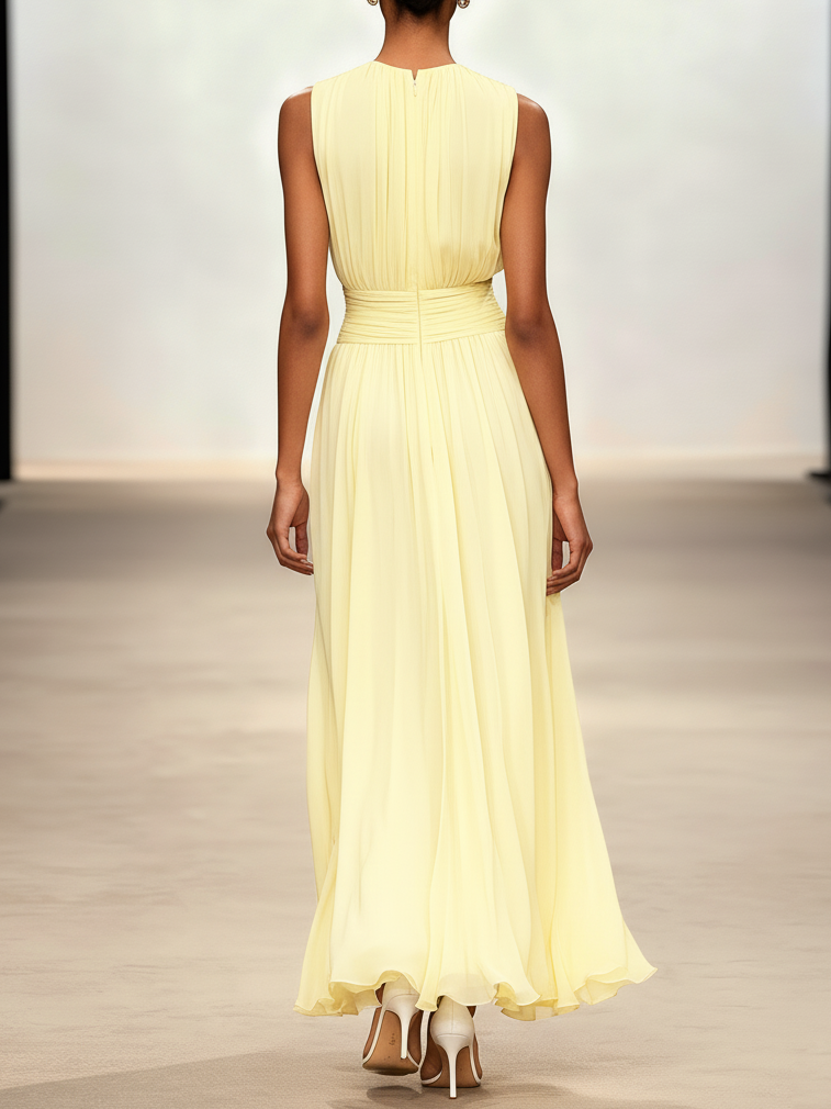 Yellow Ruched Chiffon Crew Neck Sleeveless A-Line Maxi Dress