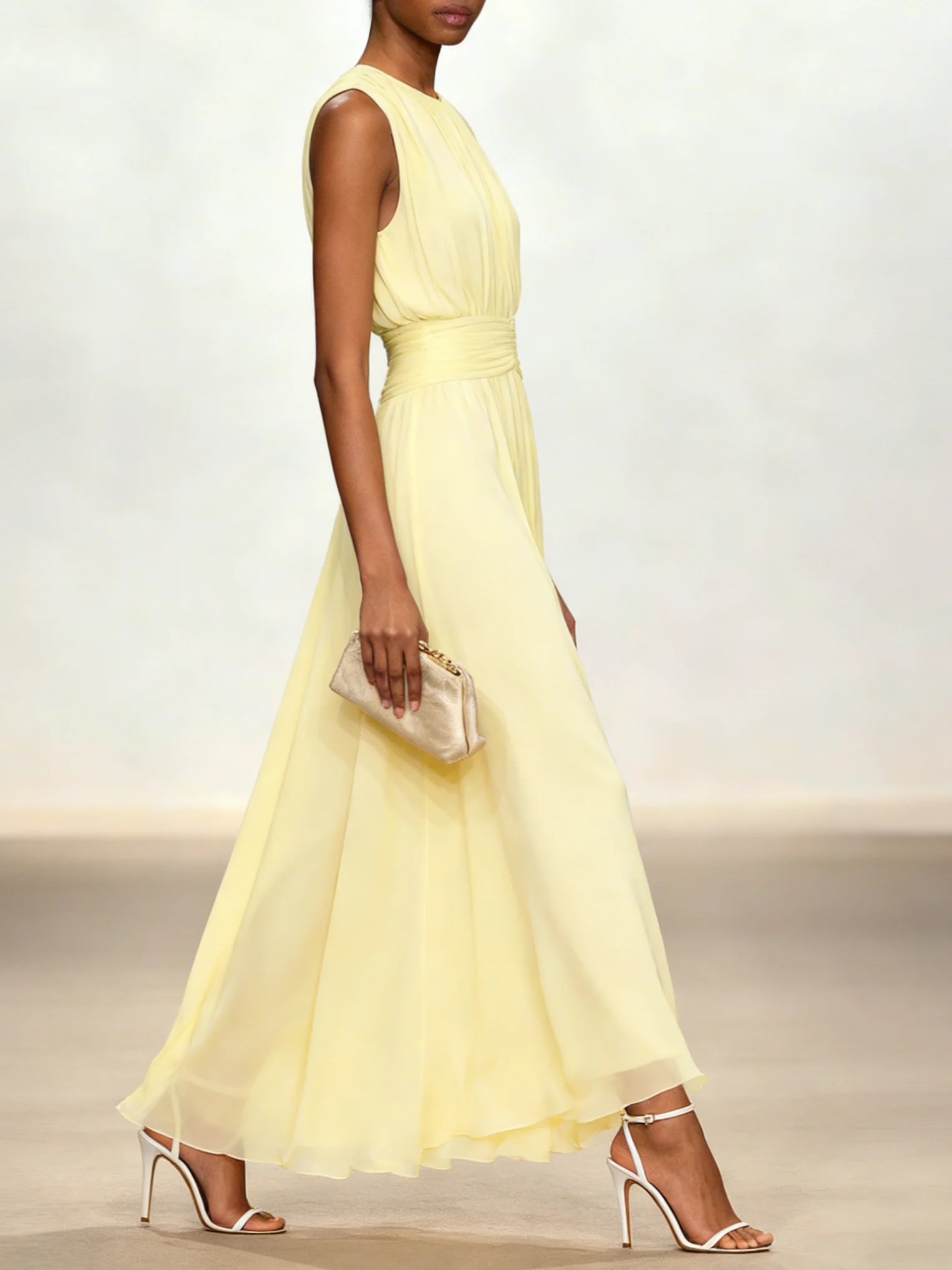 Yellow Ruched Chiffon Crew Neck Sleeveless A-Line Maxi Dress