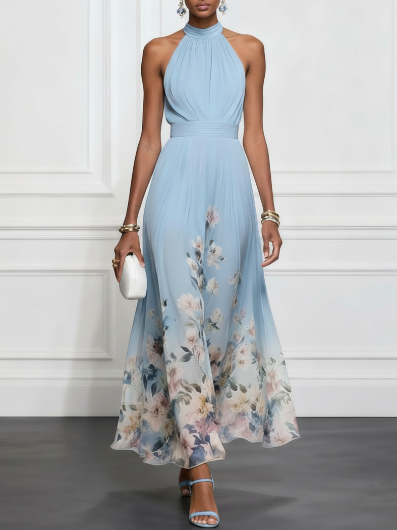 Light Blue Floral Chiffon Halter Sleeveless A-Line Maxi Dress