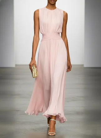 Yellow Ruched Chiffon Crew Neck Sleeveless A-Line Maxi Dress