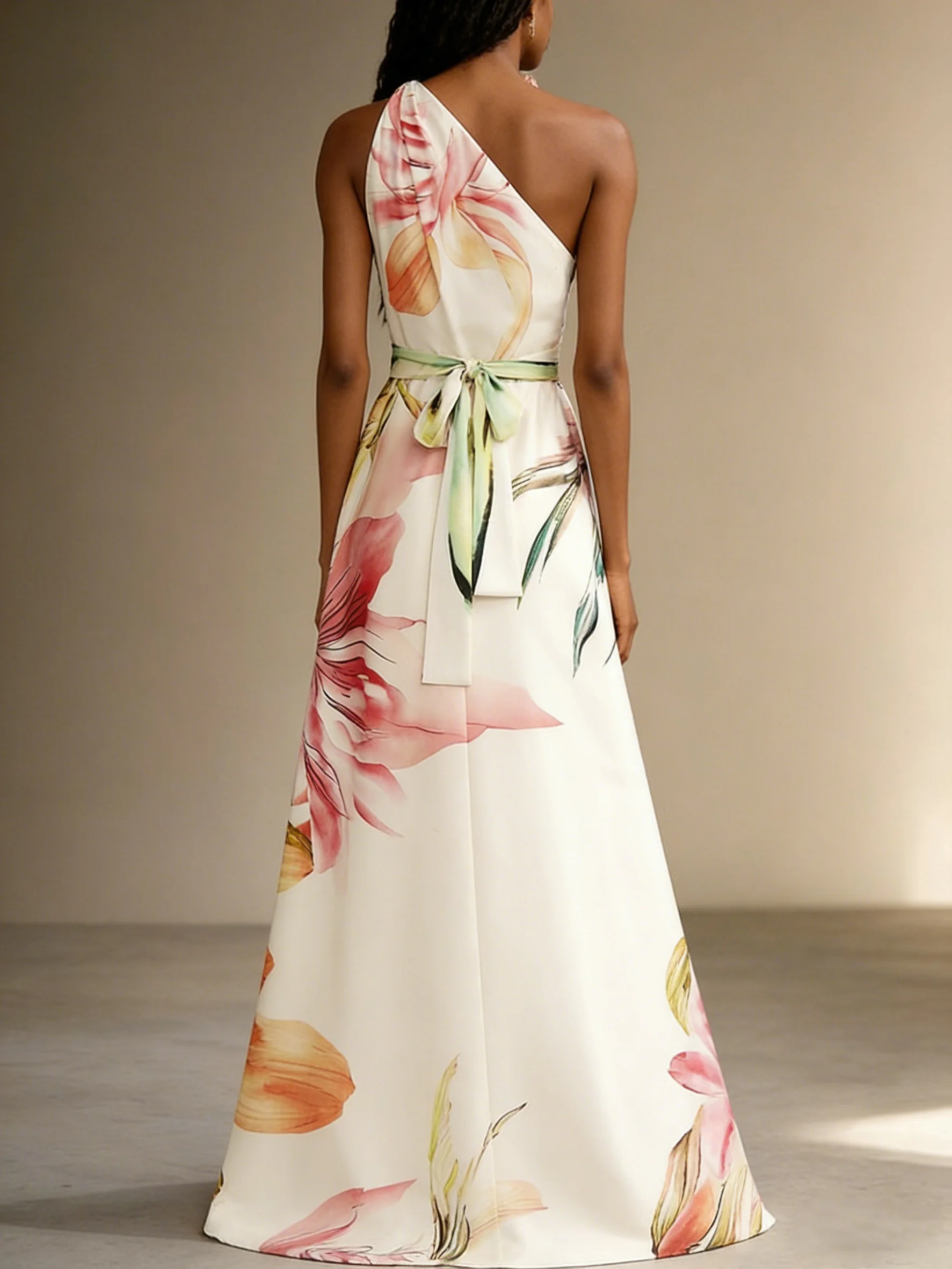 Pink Floral Satin One Shoulder Sleeveless A-Line Floor-length Gown With Pockets