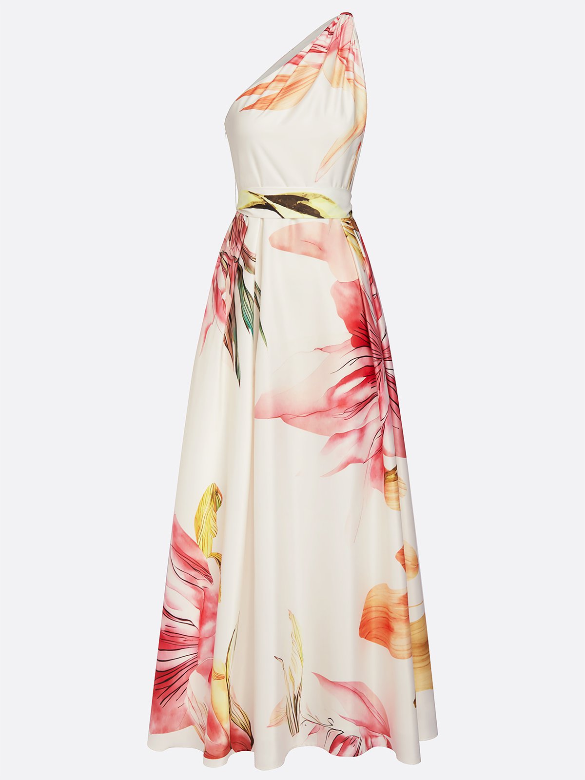 Pink Floral Satin One Shoulder Sleeveless A-Line Floor-length Gown With Pockets
