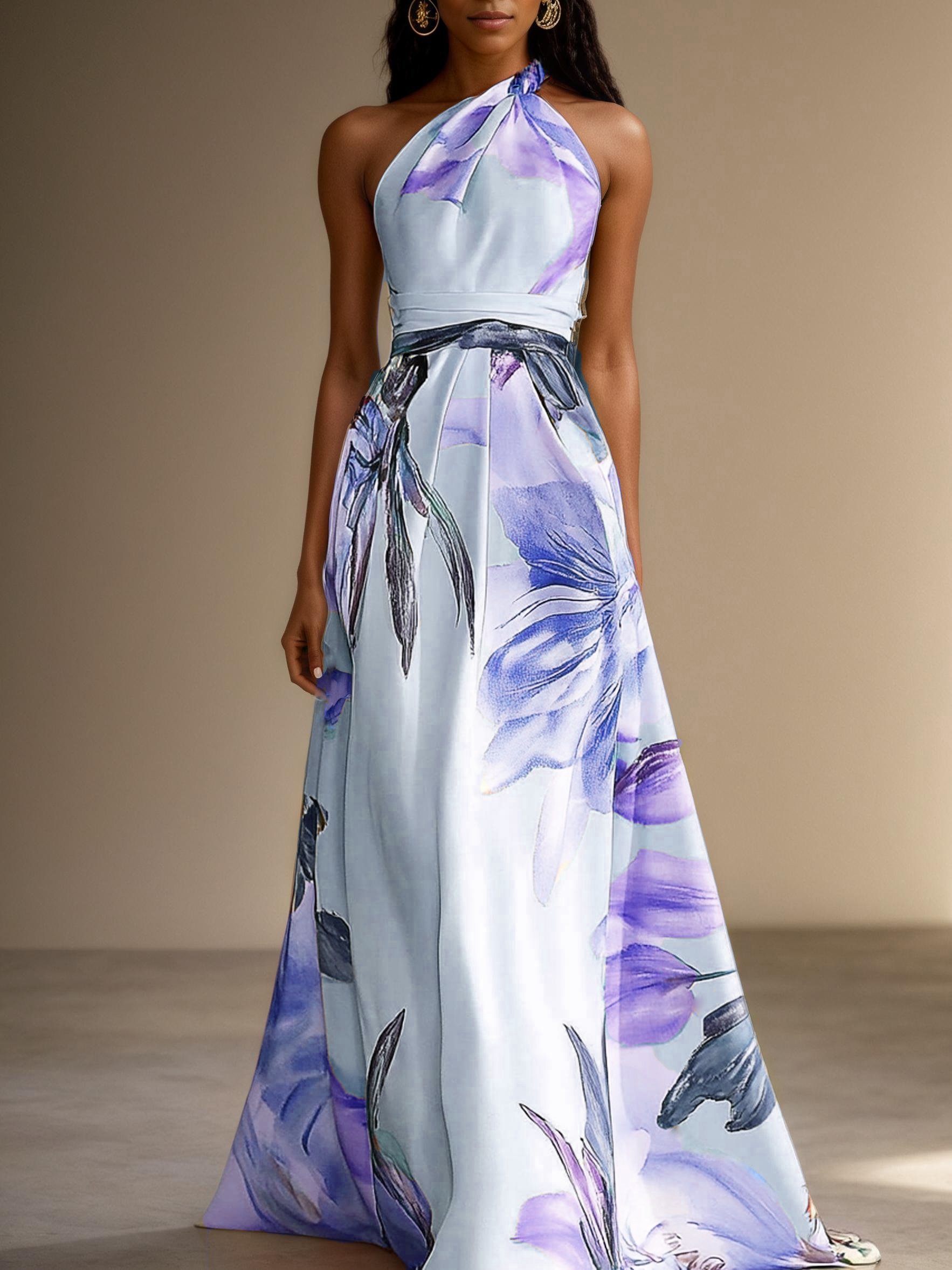 Pink Floral Satin One Shoulder Sleeveless A-Line Floor-length Gown With Pockets