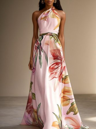 Pink Floral Satin One Shoulder Sleeveless A-Line Floor-length Gown With Pockets