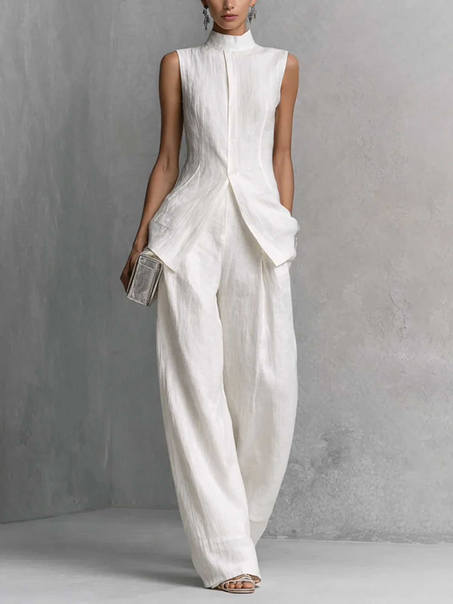 Elegant Linen Stand Collar Asymmetrical Hem Office Wear Sets