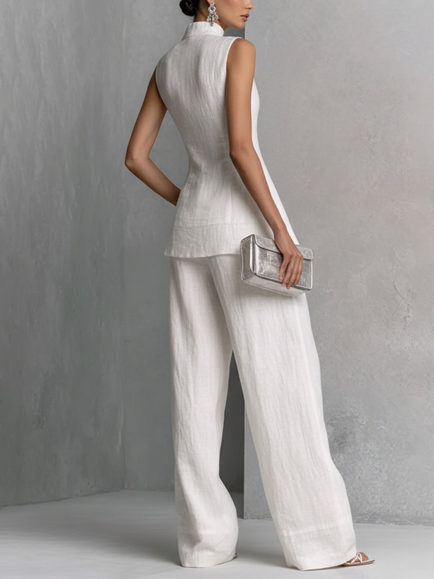 Elegant Linen Stand Collar Asymmetrical Hem Office Wear Sets