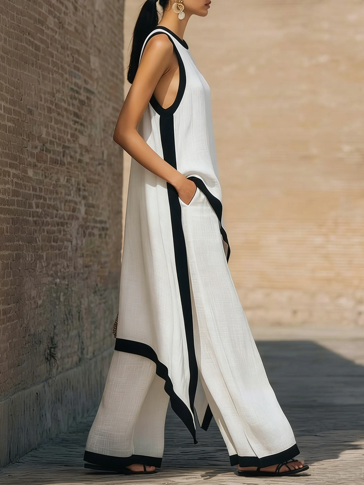 Cotton And Linen Casual Color Block Irregular Craftsmanship Crew Neck Sets